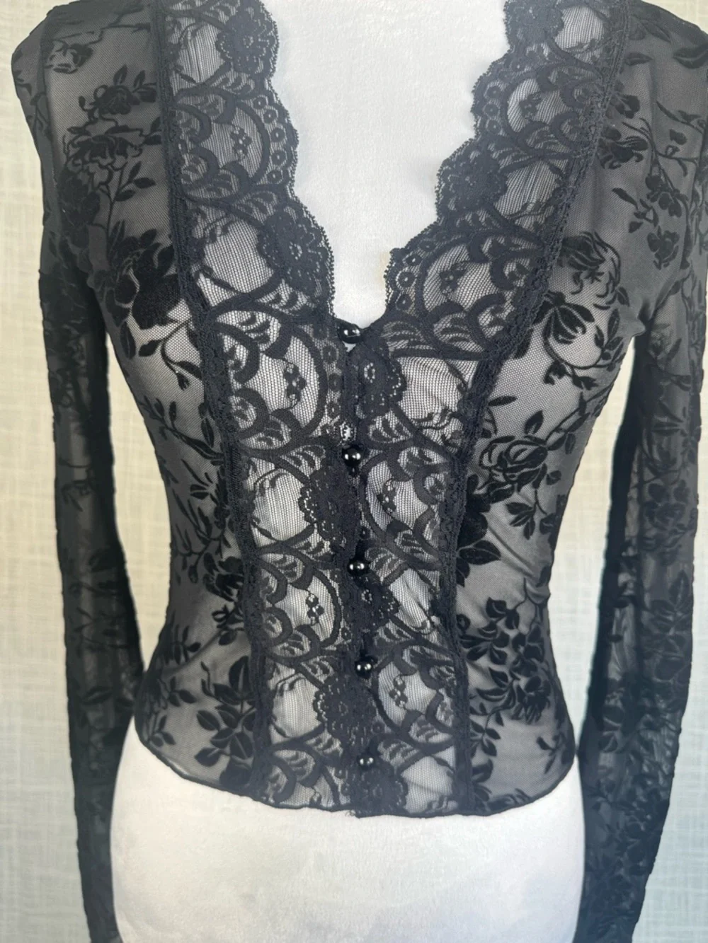 Sheer Black Lace Mesh Top Y2K Goth Romantic Button Front Stretch Blouse - Picture 2 of 5